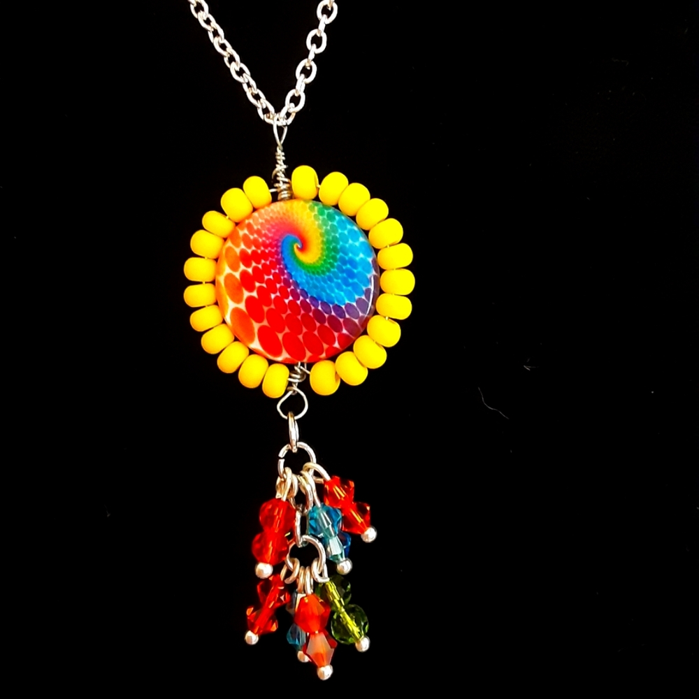 Hand Crafted Glass Bead Necklace Yellow Blue and